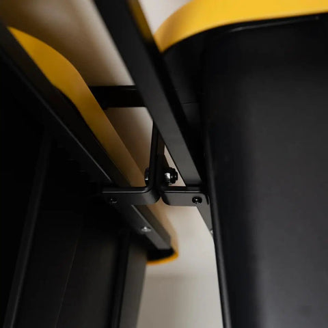 Close-up view of installed Garage Ceiling Tote Storage Rack With Adjustable Slide Rails For Four Bins in black.