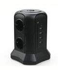 Super Slick Smart Tower Power Strip With Six Euro Outlets And Fast Usb Charging Ports Auto Surge Protector vertical design with two sockets and four USB ports.