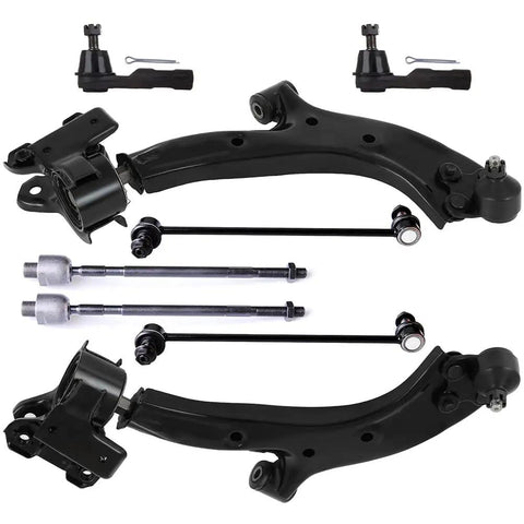 Eight Piece Front Suspension Kit For Honda CR V 2007 2008 2009 2010 2011 Comes With Front Lower Control Arm And Ball Joint Driver And Passenger Sides Outer Tie Rod Ends Inner Tie Rod Ends And Sway Bar End Links, black steel parts