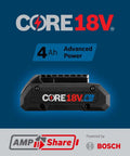 18V CORE18V Lithium Ion 4Ah Advanced Power Battery with Bosch logo and AmpShare branding
