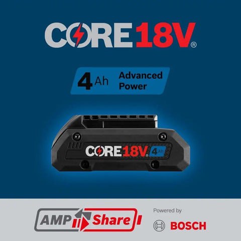 18V CORE18V Lithium Ion 4Ah Advanced Power Battery with Bosch logo and AmpShare branding