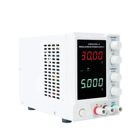 Rock Solid Linear DC Power Supply With Low Ripple For Clean Pure DC Output To Electrical Gear Includes Overvoltage Overcurrent Short Circuit And Overheat Protection Ventilated Case With Heat Dissipation Holes For Reliable Load Power, white benchtop unit