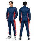 Front and back view of blue Go Kart Racing Suit Water Resistant Digital Printed Breathable Fabric Ergonomic One Piece Karting Gear