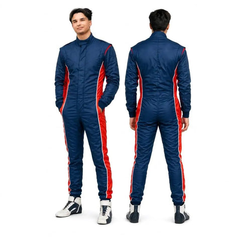 Front and back view of blue Go Kart Racing Suit Water Resistant Digital Printed Breathable Fabric Ergonomic One Piece Karting Gear