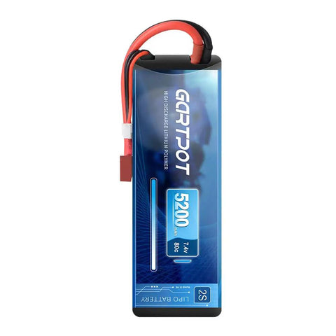 Beefy 5200mAh 2S 7.4V 80C LiPo RC Battery Hard Case with T Plug, 5200mAh capacity, for RC cars, trucks, and drones, blue casing