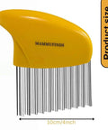 Potato slicer with yellow handle by MAMMUFUNDS and stainless steel prongs