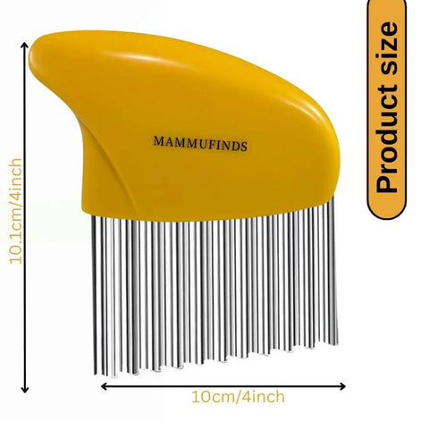 Potato slicer with yellow handle by MAMMUFUNDS and stainless steel prongs