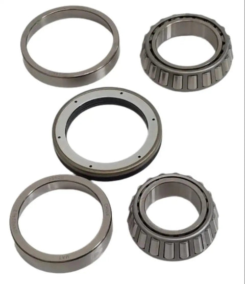 Heavy Duty Trailer Axle Bearing Kit 10000 Pound 10K GD10-51 For Dexter Trailers Replace Worn Bearings, Cut Wobble, And Stabilize Your Utility, Boat, Or Camper Trailer During Hauls. Steel bearing kit parts on white background