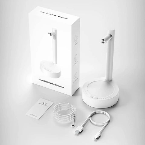 Intelligent Desktop Barrel Water Dispenser Pump, Removable Automatic Pour, BPA Free Drinking Pump With 304 Stainless Steel And Food Grade Silicone Hose, Quiet No Fuss Setup For Home Office And Outdoor Use displayed with box and cables