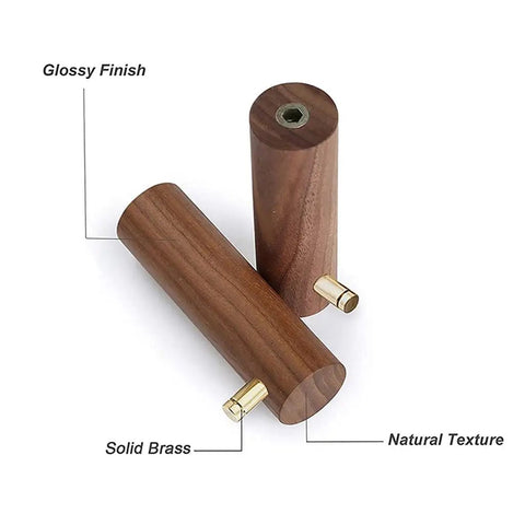 Glossy finish solid brass capped genuine walnut wood hooks for organizing towels, jackets, and backpacks.