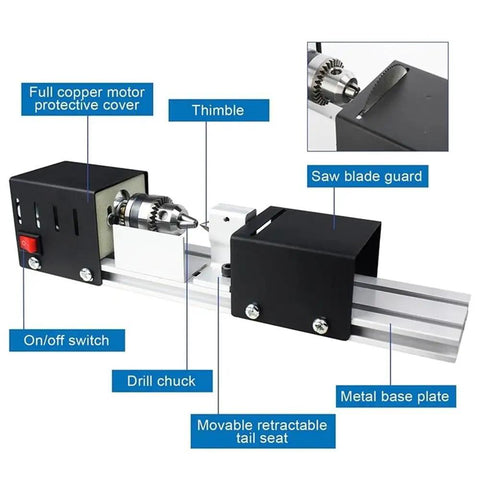 Standard Mini Wood Lathe Machine For Carving Pearl Beads And Metals Includes Speed Control Power Supply 12-24V Plus Six Wood Carving Blades With Hex Shank Fixed Needles Rotary Tool Set showing drill chuck, saw blade guard, and on/off switch.