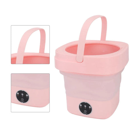 No Sweat Foldable Mini Washing Machine, Portable Compact Washer For Quick Cycles, Pink with handle for easy carrying.