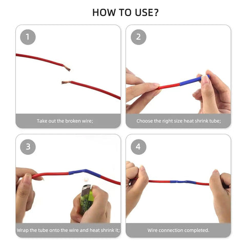 Heat Shrink Tubing Kit With Adhesive Lined Marine Grade Tubes, step-by-step use on electrical wire for insulation.