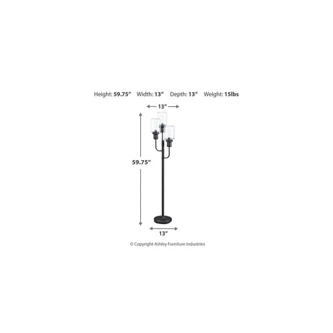 Urban Industrial Floor Lamp With Three Glass Shades In Bronze Finish, 60 Inch Tall, dimensions and measurements diagram