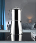 Aqua Turkish Teapot Set In Eighteen Ten Stainless Steel With Double French Press Samovar Style Kettle on stovetop 30 Oz 50 Oz