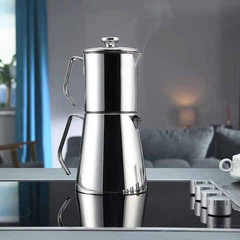 Aqua Turkish Teapot Set In Eighteen Ten Stainless Steel With Double French Press Samovar Style Kettle on stovetop 30 Oz 50 Oz