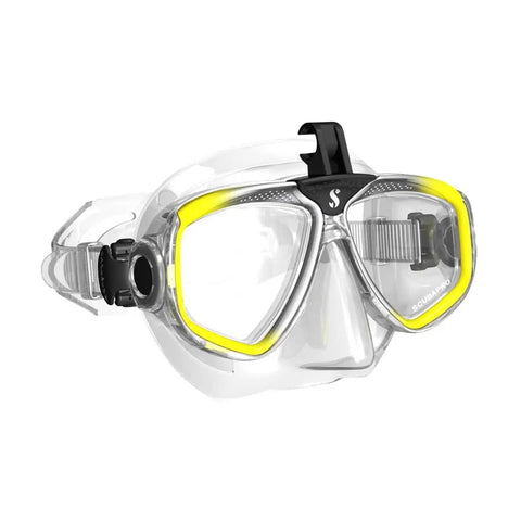 Yellow SCUBAPRO Zoom mask with Galileo HUD Hands Free Dive Computer Mount For Zoom Masks Lets You View Dive Data Hands Free During Scuba Freediving.
