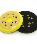 Heavy Duty Beast 5 Inch Hook And Loop Orbital Sander Pad With Eight Dust Holes, yellow and black, close-up view.
