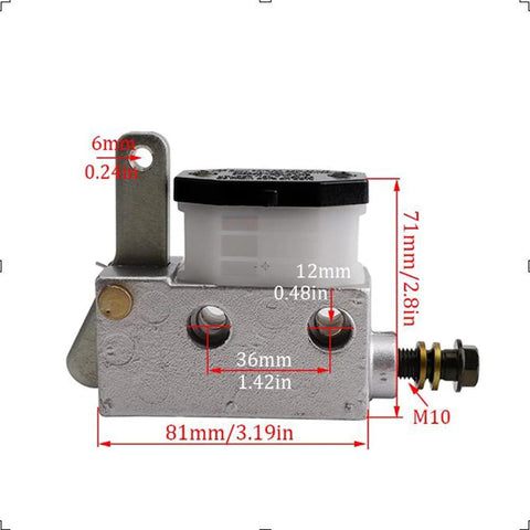 Side view of Disc Brake Master Cylinder Pump for Go Kart ATV UTV with measurements, hydraulic system replacement part.