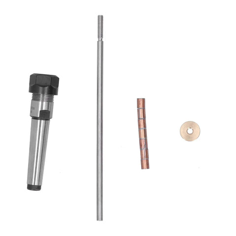 Pro Horett Stainless Steel Woodturning Pen Mandrel With Morse 2 Taper Shank and Smooth Rust Resistant Grip For Lathes That Hold Workpieces Tight disassembled parts including mandrel, rod, and washers.