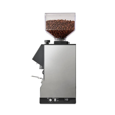 Silent conical burr grinder with coffee beans in clear hopper, part of Level Up Your Home Barista Setup With This Sleek Copper And Chrome Espresso Machine Paired With A Silent Conical Burr Grinder In A Complete Bundle Crafted For Smooth Extractions And Effortless Daily Coffee Vibes.