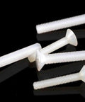 Ready To Roll M4 X 8Mm Nylon Countersunk Flat Head Screws White Pa66 Plastic Fasteners Built Tough For No Hassle Diy Fixes And Car Mods Fifty Piece Pack, showing various angles of screws.