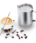 Pro Grade 20 Oz Stainless Steel Milk Frothing Pitcher For Latte Art At Home, 304 stainless, next to cappuccino and coffee beans