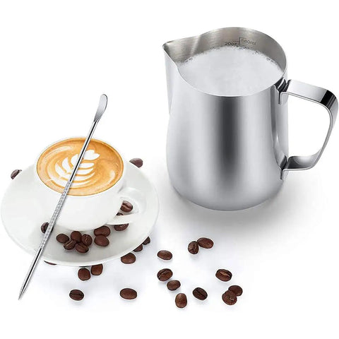 Pro Grade 20 Oz Stainless Steel Milk Frothing Pitcher For Latte Art At Home, 304 stainless, next to cappuccino and coffee beans
