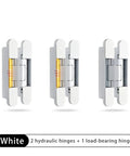 Heavy Duty Hidden Hydraulic Door Closer With Auto Closing Spring Buffer And Invisible Three Dimensional Adjustable Hinges For Dead Quiet Seamless White Install featuring 2 hydraulic hinges and 1 load-bearing hinge in white.