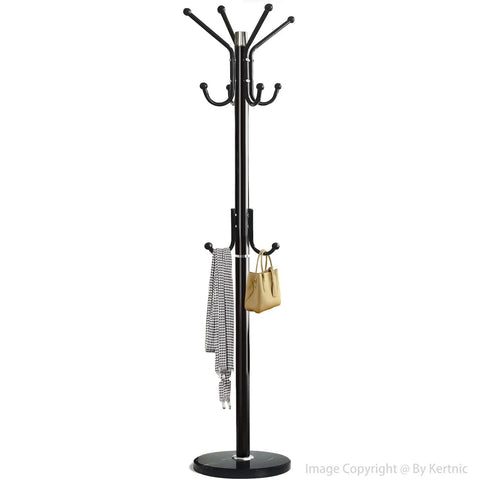 Freestanding Modern Coat Rack With Natural Marble Base And No Wobble Metal Frame 11 Hooks Hall Tree displaying scarf and bag