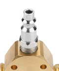 Close-up of Three Way Brass Pneumatic Manifold With Quick Connect Brass Couplers For Seamless Air Lines In The Shop Or Garage Heavy Duty