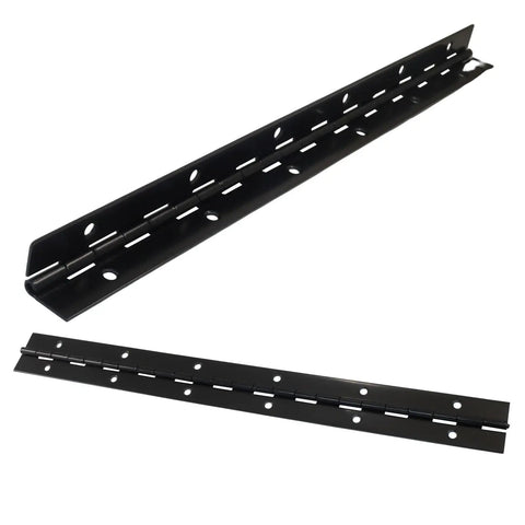 Heavy Duty Rock Solid 304 Stainless Steel Piano Hinges 2 Pack 12 Inch Continuous Door Hinge Pre Drilled showing matte black finish and mounting holes.