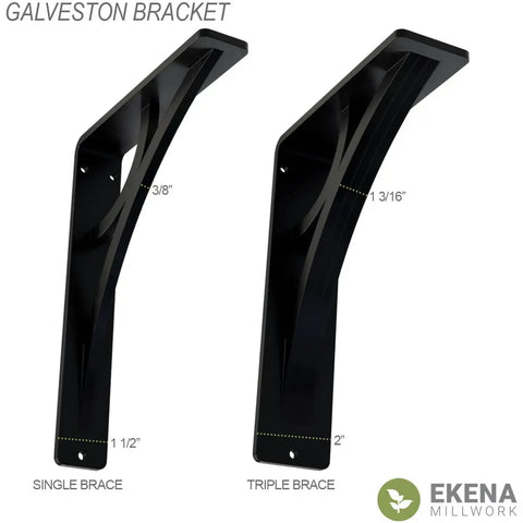 Galveston 4 Piece Center Brace Bracket Set For Shelves And Displays, Powder Coated Black, showing single and triple brace sizes.
