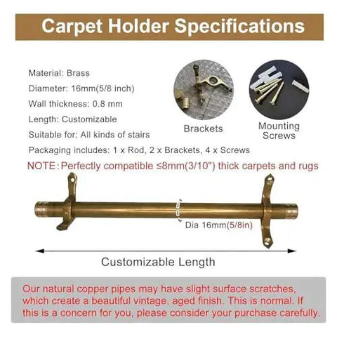 Solid Brass Adjustable Stair Runner Rods Kit With Non Slip Bar For Elegant Carpet Runners, Includes Brackets Screws End Caps For Home Or Business Decor. 16mm brass adjustable stair runner rod with brackets and screws, customizable length