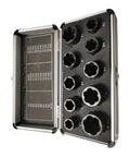 Heavy Duty Steel Bolt Extractor Socket Set 10pc For Gnarly Rusted And Rounded Nuts Fits Standard Ratchets in case.