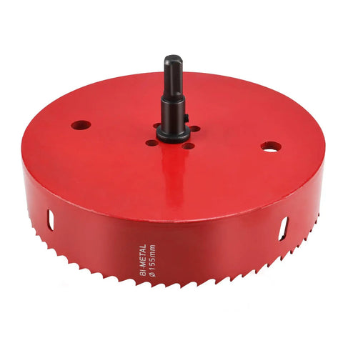 Six And One Eighth Inch Hole Saw Kit For Wood And Plywood With HSS Bi Metal Cutter And Pilot Drill Bit shown in red, 155mm
