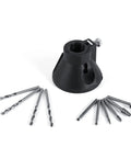 Heavy Duty Drill Locator Positioner Kit featuring premium steel burrs and bits on a white background, showcasing the black drill holder.