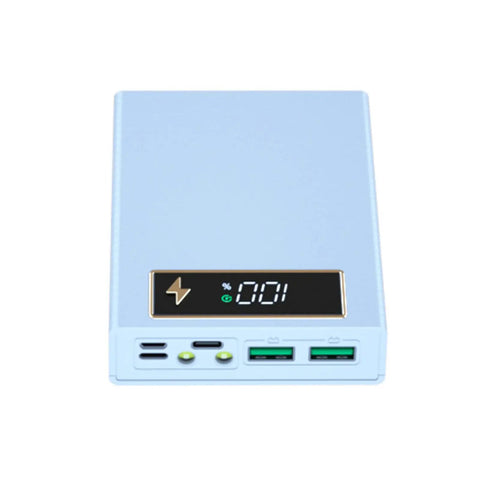 Top Shelf Digital Display 18650 Battery Holder Box With Fast Charge Circuitry Heavy Duty Diy Storage Case For Flat Top Cells, blue casing with LCD panel.