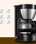 One Touch Automatic Coffee And Tea Maker With Stainless Steel Panel Compact Home Coffee Machine For Easy Brew Insulated Base Keeps Drinks Hot Easy To Clean No Fuss All In One Brew System For Everyday Use next to six filled cups