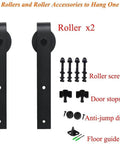 Two Pack Black Barn Door Roller Hangers No Track J Shape Ultra Quiet Nylon Wheel Smooth Glide Heavy Duty 330 Lbs Per Door Rust Proof Frosted Finish For Sliding Barn Doors with screws and accessories displayed
