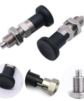 Pro Grade M12 Self Locking Ball Nose Spring Plunger With Knurled Thumb Wheel And Hex Lock Nut For Rapid Workholding, stainless steel, close-up.