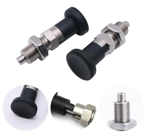 Hardcore 2pcs M12 Ball Nose Spring Plungers With Nuts Stainless Steel Self Locking Indexing Bolts in black and silver.