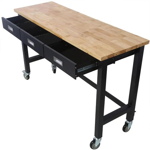 60 Inch Heavy Duty Mobile Workbench With Three Drawers Solid Rubber Wood Top Locking Casters Rolling Steel Work Table