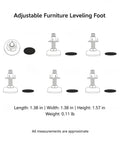 Adjustable Threaded Leveling Foot for Cabinets and Furniture, Three Eighths by Sixteen Threaded Stud, diagram with dimensions