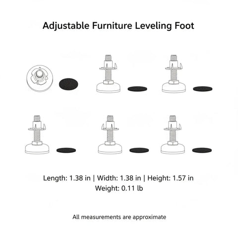 Adjustable Threaded Leveling Foot for Cabinets and Furniture, Three Eighths by Sixteen Threaded Stud, diagram with dimensions
