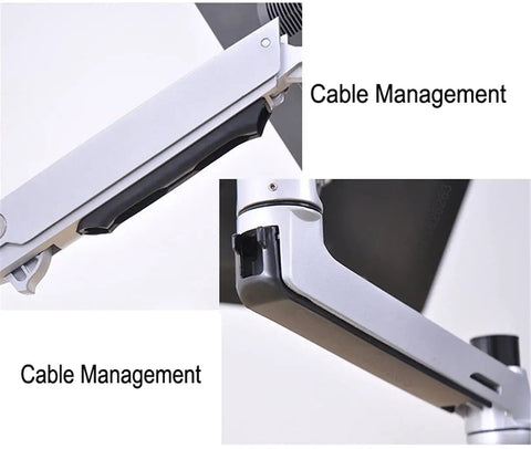 Smooth As Butter Articulating Monitor Desk Mount With Laptop Tray For Up To 32 Inch Screens Hella Adjustable Game Changer Workstation Featuring Tool Free Setup And Clean Cable Management close-up of cable management features.