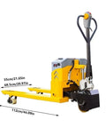 Powerful Electric Pallet Jack With Lithium Battery For Heavy Lifting Up To 4,400 Lbs In Warehouses Or Supermarkets side view with dimensions