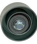 High Performance PQH500090 Drive Belt Idler Pulley view from the front showing metal exterior and central bolt for installation.