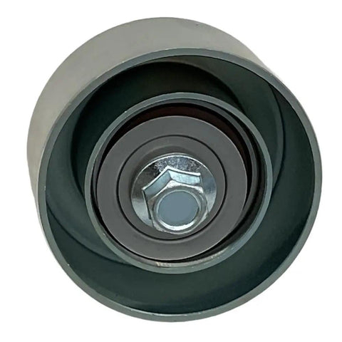 High Performance PQH500090 Drive Belt Idler Pulley view from the front showing metal exterior and central bolt for installation.