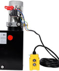 Solid 12V DC Hydraulic Power Unit With 8 Quart Steel Tank And SAE Connector Pump showing motor and control unit for heavy duty operation.